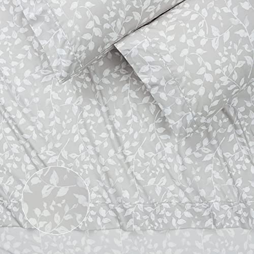 Chanasya Printed Queen Bed Sheet Set 4-Piece - Ultra Soft Floral Leaves Print - 1 Flat Sheet 1 Fitted Sheet 2 Pillowcases - Wrinkle Fade Stain Resistant Hypoallergenic Microfiber Sheets - Gray - Queen #TOP2