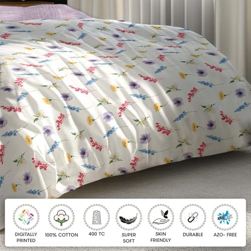 Image of LANE LINEN 400TC Morrison Bloom Super King Size Bedsheet with 4 Pillow Cases | 100% Cotton Digital Print Bedding Set (2.74 M x 2.74 M) | Modern Floral Pattern for Luxurious Comfort (White Yellow)