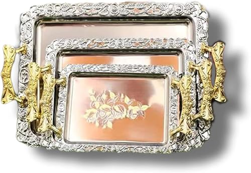 Image of MARTVIA Luxury Serving Tray Set of 3,Crystal Stainless Steel Tray, with Golden Design and Handle Serving for Party Glass, Home Wedding Decor for Gift Set (MV-15)