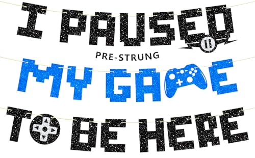 Ushinemi Pre-Strung Video Game Birthday Decorations, NO DIY I Paused My Game To Be Here Banner, Glitter Gaming Birthday Banner Gamer Theme Party Supplies
