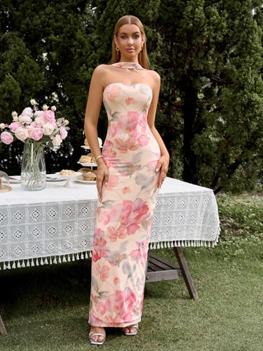 Image of HTZMO Women Elegant Summer Bodycon Maxi Dress Halter Neck Formal Wedding Guest Cocktail Party Long Dresses