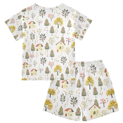 ALAZA Cartoon House Tree Pajamas Set Short Sleeve Cotton Sleepwear Summer Pjs 2 Piece 5-14Y2