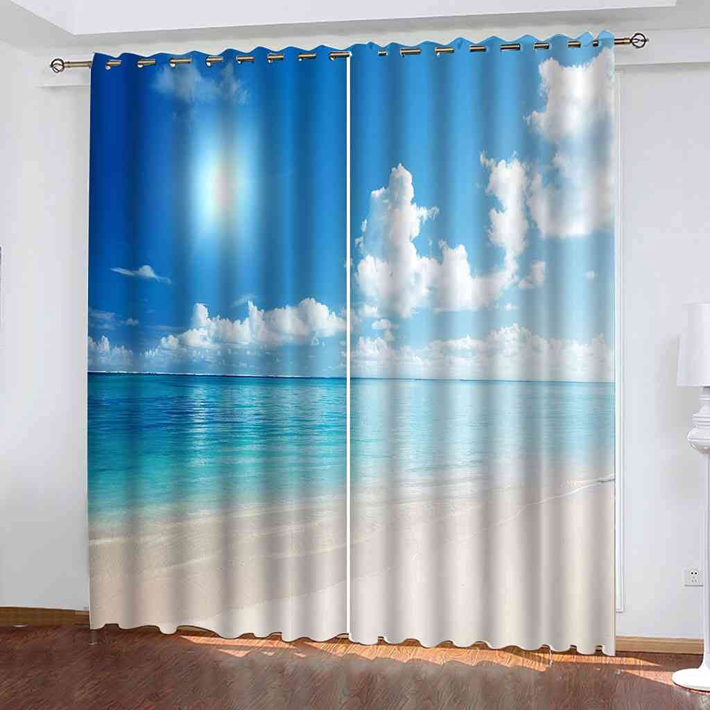 Rideau salon motif plage bleue pour créer une déco moderne et apaisante
