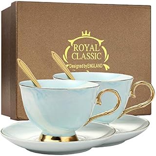 Marble Ceramic Cup and Saucer Set Camellia Patterned Bone China Coffee Mug Tea Cup Gold Trim with Coffee Cup, Saucer and Spoon, 200ml (Blue (2 set in gift box))