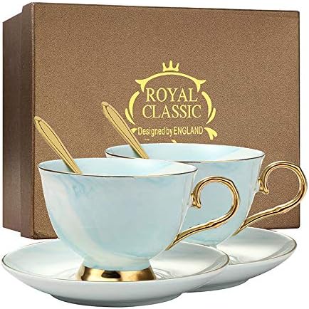 Marble Ceramic Cup and Saucer Set Camellia Patterned Bone China Coffee Mug Tea Cup Gold Trim with Coffee Cup, Saucer and Spoon, 200ml (Blue (2 set in gift box))