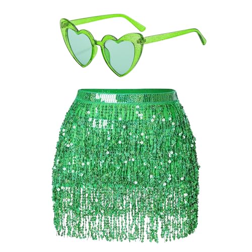 Damen Pailletten Rock Quaste Glitzerrock...
