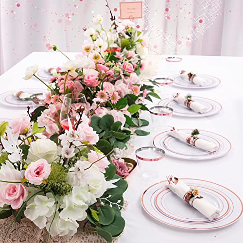 Wellife 350 Pieces Rose Gold Plastic Dinnerware, 50 Guests Disposable Plates With Rose Gold Silverware And Cups 9 Oz, 50 Pre Rolled Napkins With Rose Gold Cutlery, Perfect For Wedding #TOP4