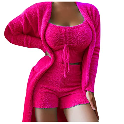 Pyjama femme sexy chic trois pièces en tissu peluche chaud avec débardeur short et veste longue