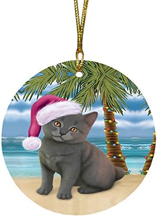 Summertime Tropical Island Beach Chartreux Kitten Round Flat Ornament - Pet Decorative Hanging Ornaments for Christmas X-mas Tree Decorations - 2.75" Round Flat Ceramic Christmas Ornament POR1647