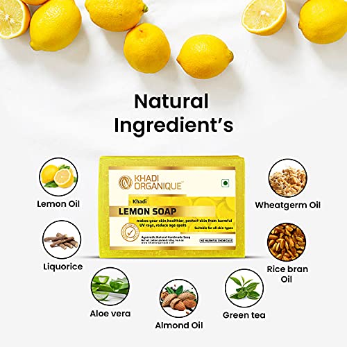 Image of Khadi Organique Lemon Soap | Herbal Bathing Soap for Healthy Skin | Natural Soap with Essential Oils | Suitable for All Skin Types | Pack of 3