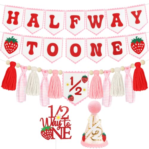 Image of 1 /2 Birthday Girl Decorations, Pink Strawberry Half Way to One Banner Set | Felt banner;wooden cake topper;1 /2 hat;baby girl 6 month party