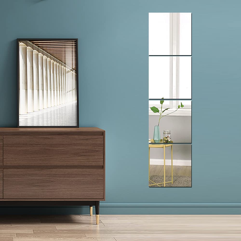 Lokiiz Silver Full Body Wall Mirrors, 4Pcs 12X12 Acrylic Plexiglass Mirror Wall-Mounted Full Length Frameless Mirror Over The Door Large Long Mirror Home Workout Gym Mirror For Walls Dorm Floor Tile Self Adhesive