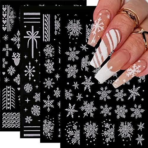 Snowflakes Nail Art Stickers White Christmas Nail Decals Glitter Reindeer Nail Design 3D Self Adhesive Winter Nail Stickers for Women Girls DIY Nail Decoration 4Sheets