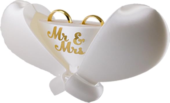 Wedding Ring Box for Ceremony or Engagement, Ring Bearer Holder Pillow for Anniversary,Vow Renewal Celebration, Proposal - Romantic White Heart-Shaped with Gold Foil Mr & Mrs Inscription
