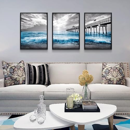 DZRWUBHS Black Framed Wall Decor For Living Room Large Canvas Wall Art For Bedroom Office Wall Decorations Black And White Wall Painting Blue Sea Wave Pictures Artwork For Posters Prints Home Decor