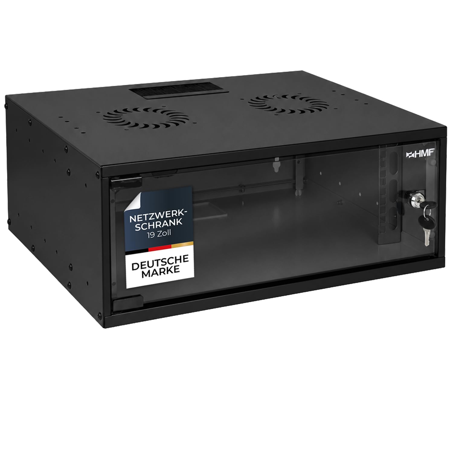 HMF 65704-02 Netzwerkschrank, Serverschrank 19 Zoll | 4 HE | 400 mm Tiefe | Glastür | Schwarz