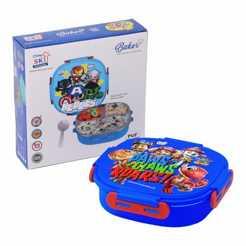 Image of SKI Baker Steel Lunch Box for Kids, 3 Compartment Insulated School Tiffin with Spoon, Leak-Proof, BPA Free, Bento Box for Boys & Girls, Birthday Gifts, Party Favours - Paw Patrol