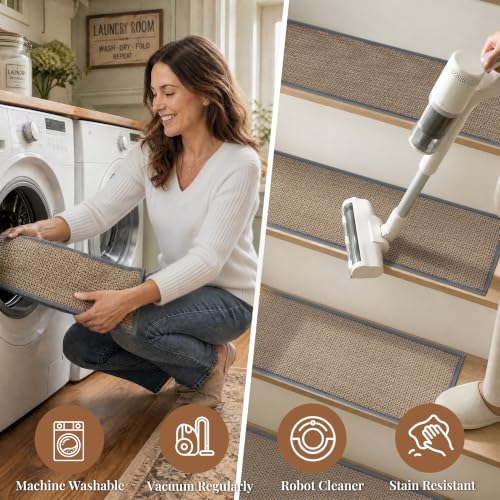 AIMPEAK Stair Treads for Wooden Steps 15pcs, Non Slip Stair Runner, Machine Washable Rubber Backing Stairs Carpet Treads Indoor Staircase Covers Mat for Kids, Elders and Pets 8"X30" Grey by AIMPEAK - Used condition - Image 6