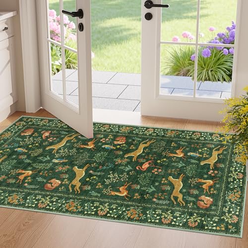 DUKINO 2x4 Rug for Entryway, Animal Washable Runner Rug for Kitchen, Green