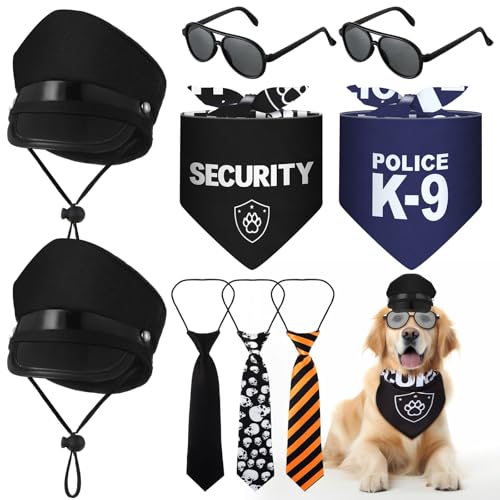 Huhumy 9 Pcs Pet Police Costume Accessory Set Include 2 Dog Cat Police Hat 2 Dog Bandanas Triangle 3 Pet Necktie Adjustable Puppy Party Dress up Kit for Halloween Christmas Role Cosplay Party Props