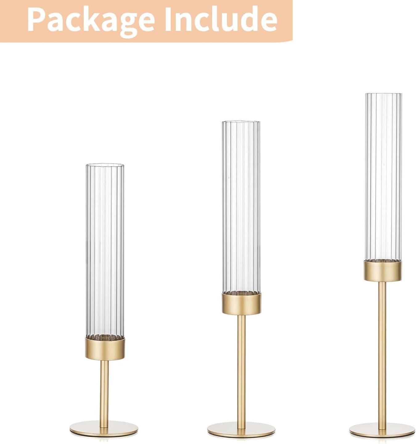 Gold Hurricane Candle Holders Set of 3 - Tall Glass Candlestick Holders for Taper Candles, Elegant Centerpieces for Tables, Wedding, Dining Room and Party Decor