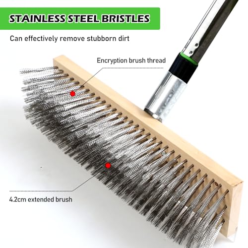 Drahtbesen Stahldrahtbesen mit Stiel 160cm, Stahldrahtbesen, Stahlbesen 30 cm, Drahtbesen Bürste für Moosentfernung, Strassenbesen Aus Edelstahl, Drahtbürste Drahtbesen für Terrasse, Garten, Wand