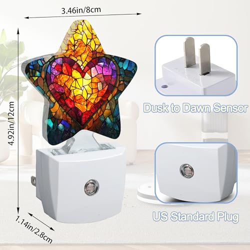 Image of Love Heart Stained Glass Night Lights Plug Into Wall,Abstract Star Night Light for Kids,Nightlight with Dusk to Dawn Smart Sensor for Bedroom Bathroom Decor,Children Women Men Gift
