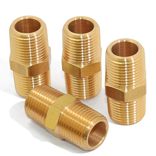 KOOTANS 1 4 NPT x 1 4 NPT Male Solid Brass Hex Nipples, Heavy Brass Pipe Adapter Fittings Equal Nipples Connectors 4Pieces