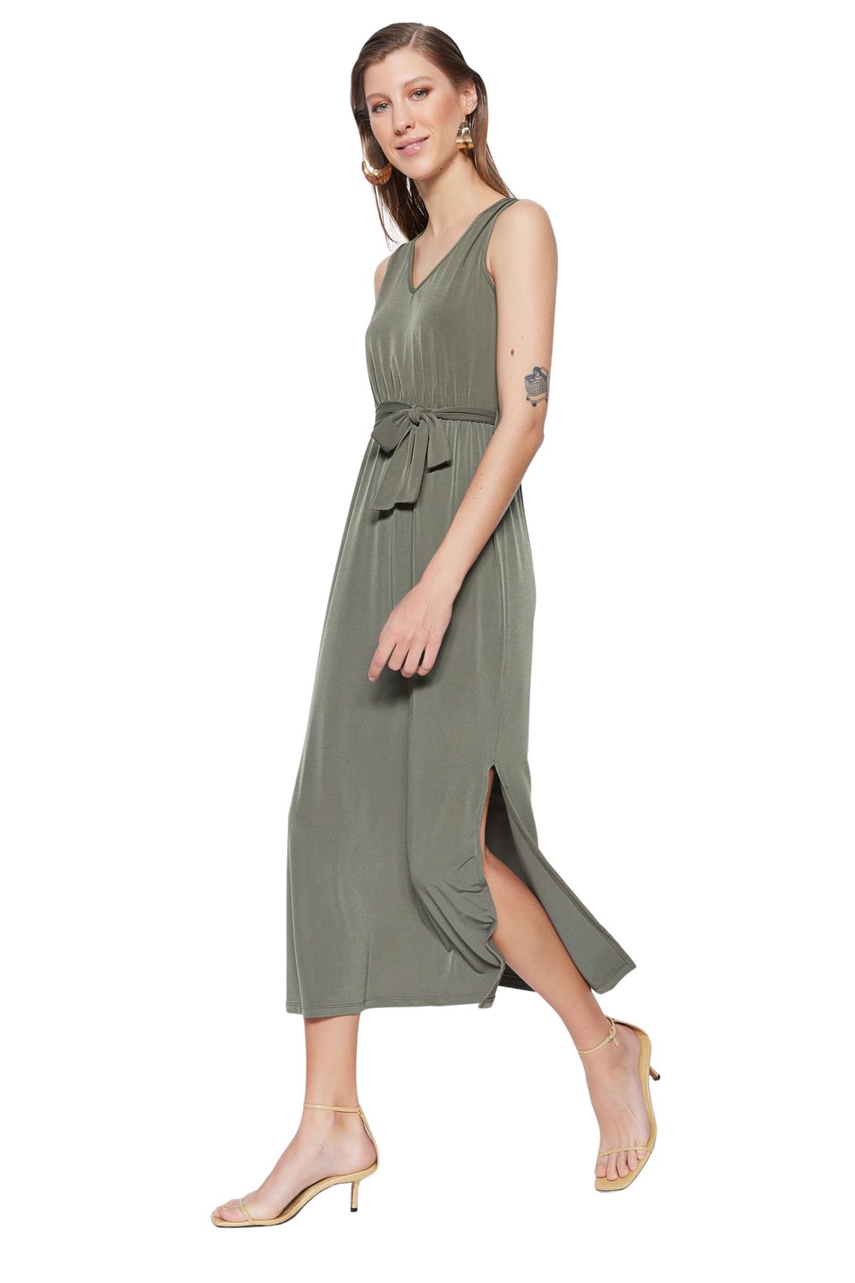 Trendyol Women A-line Regular fit Knit Dress,Khaki,XL