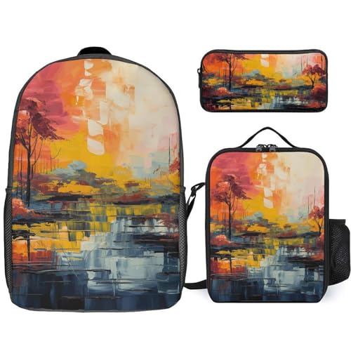 Colorful Painting Backpack Set Lightweight Bag Lunch Box Pencil Bags for Women Men Bookbags 3 in 1