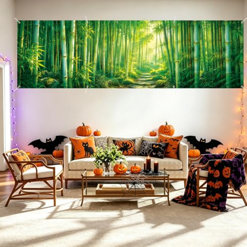 Image of Bamboo Forest Banner 118x35.4 Inch Green Nature Backdrop, Zen Bamboo Photography Background Party Decoration Wall Hanging for Festival Celebration, Fence Wall Porch Indoor Outdoor