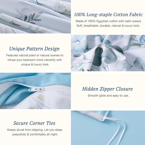 MILDLY 100% Long-Staple Cotton Duvet Cover Set Baby Blue Teal Gradient Leaf Pattern Printed Comforter Cover 3pcs, Ultra Soft & Breathable Bedding Set