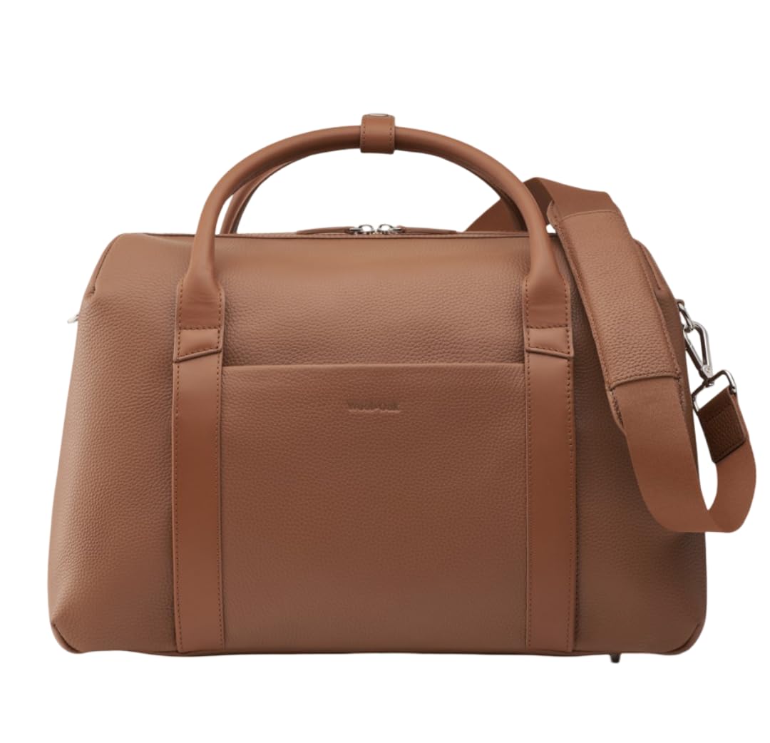 WOOL & OAK Duffle Suitcase – Full-Grain Leather Travel Bag with Clamshell Opening, 33 L Capacity, Trolley Sleeve & 16″ Laptop Pocket – “DS Carry”