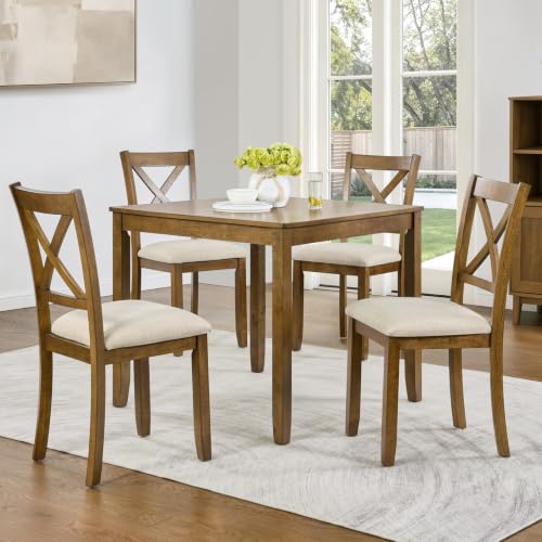 Image of Harper & Bright Designs 5-Piece Oak Dining Set - Square Table + 4 Upholstered X-Back Chairs,Solid Rubberwood Frame,Space-Saving, Holds 330 Lbs Each