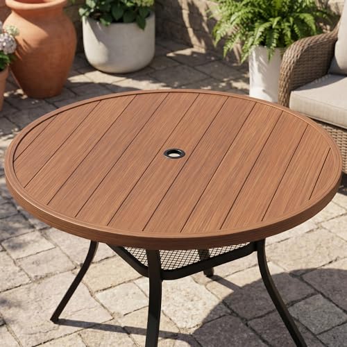 Image of VICLLAX Metal Outdoor Dining Table for 4, All Weather 40.7 inch Black Round Patio Table with Adjustable Umbrella Hole for Lawn, Garden, Balcony and Poolsides, Walnut Wood Grain Tabletop