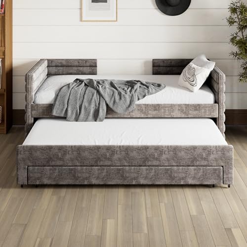 Twin Size Upholstered Daybed with Trundle & 3 Storage Drawers,Luxury Chenille Day Bed Frame with Stripes Tufted & Sturdy Wood Slat for Guest Room,Living Room,No Box Spring Needed,Space-Saving,Gray