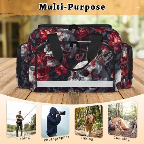 Waterproof Tactical Duffle Bag 25" Carry On Bag for EMT Tear-Resistant Gym Bag with Multi-Pocket & OSHA Reflective Travel Bags for Men Women Elegant Skull Rose3