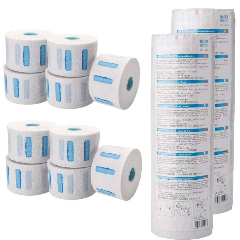 Pack de 10 Rollos de papel desechable para cuello - Tiras de papel de cuello - Papel protector de cuello - tiras adhesivas para cuello - ideal para barberías y peluquerías - 1000 servicios