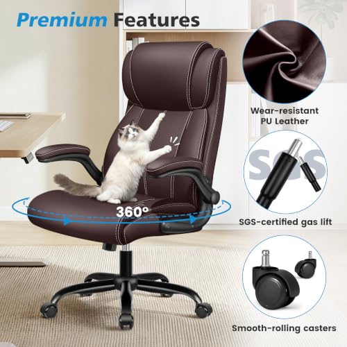 Image of Ergonomic Office Chair, High Back Executive Leather Desk Chair | Inflatable Lumbar Support for Back Pain Relief, Heavy-Duty Computer Desk Chair for Long Workdays, Flip-Up Armrests, Coffee