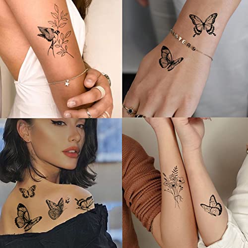 Tazimi 6 Sheets Large Black Butterfly Temporary Tattoos For Women-Flowers Butterflies Hummingbird Swallow Rose Temporary Tattoos Waterproof Long Lasting Tattoos Stickers Sexy Fake Tattoo For Adults #TOP4