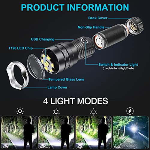 Led Flashlight,100000 Lumens Super Bright Tactical Flashlight, Zoomable, Rechargeable Flashlight With 4 Modes, Waterproof, Powerful Handheld Flashlight, For Outdoor Camping Emergencies #TOP2