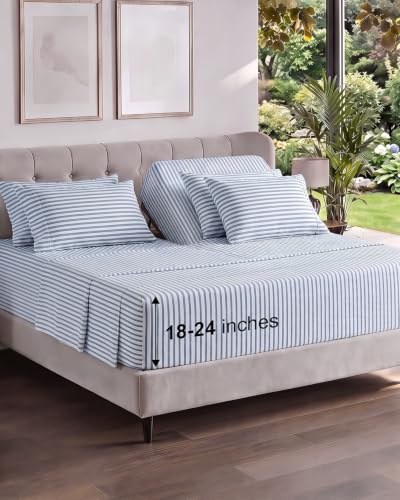 Image of Extra Deep Flex Top Split Head King Sheet Set - 6 Piece Breathable and Cooling Sheets - Hotel Luxury Bedding for Women, Men, Kids & Teens - Easy Secure Fit - Extra Deep Pockets - Blue Stripes 2
