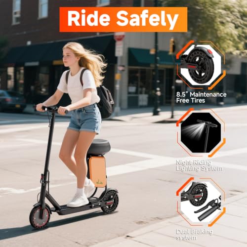Image of Electric Scooter with Seat for Adult and Teens, 350W Motor Up to 19 MPH | 15 to 21 Miles Range,8.5 inch Tires, Dual Brake, Curise Control, Foldable Commuter E Scooter with Seat
