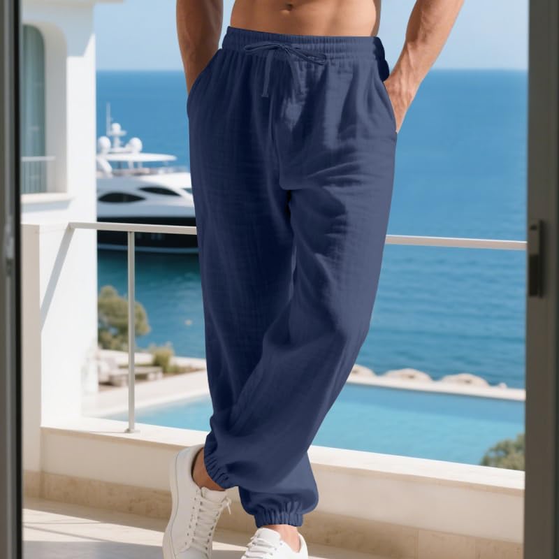 Men's Linen Joggers Summer Beach Lightweight Drawstring Yoga Pants with Pockets & Elastic Cuffs - Image 4