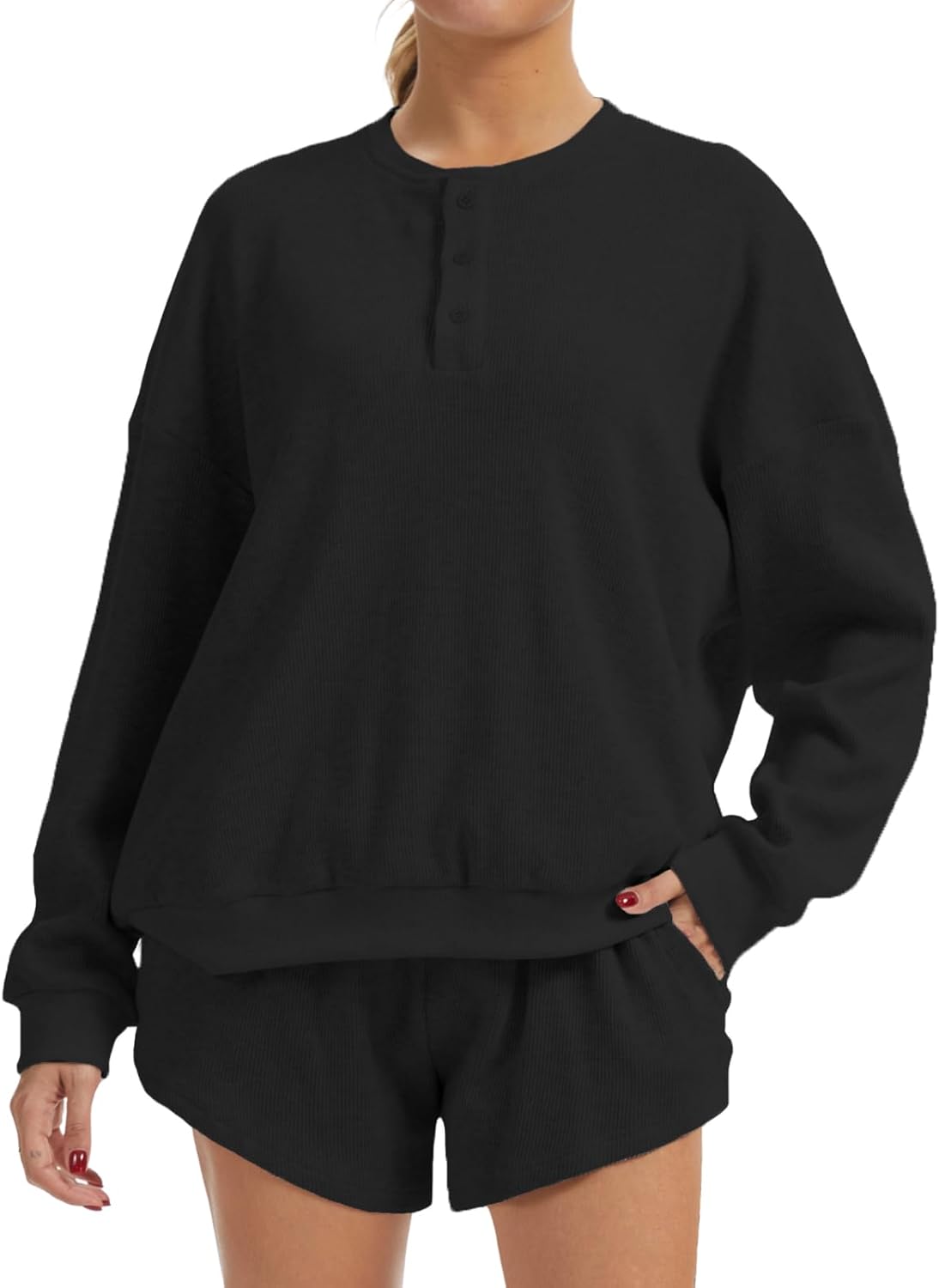 AnotherChill Women's Oversized Waffle Knit Lounge Set Long Sleeve Sweatshirt and High Waisted Shorts 2 Piece Casual Outfit