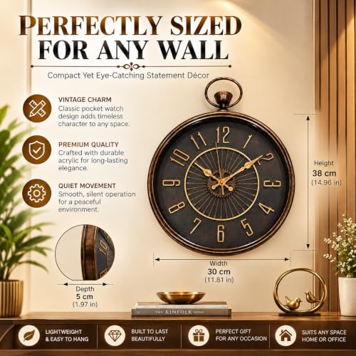 Image of ARMONIA Vintage Industrial Wall Clock 38 cm | Premium Acrylic Analog Clock | Dual Tone Antique Finish | Silent Quartz | Modern Home & Office Decor