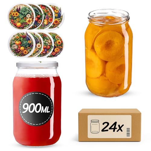 KADAX Tarros de conservas de 900 ml con tapa de rosca fi82 mm, tarros grandes con tapa Twist Off, tarros para conservas de pepinos, tarros para conservas (huerto, 24 unidades)
