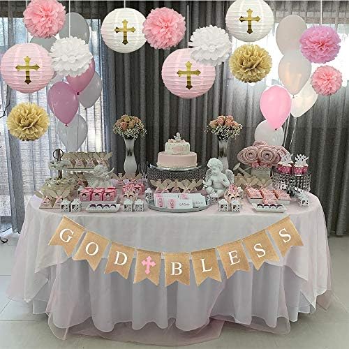 CHRORINE Baptism Decorations for Girls Confirmation First Communion Decorations Bautizo Decorations God Bless Banner Decoration - Pink Set