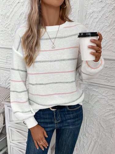 Image of SOLY HUX Striped Sweaters for Women Crew Neck Drop Shoulder Long Sleeve Knit Fall Sweater Pullover Tops White Striped Large