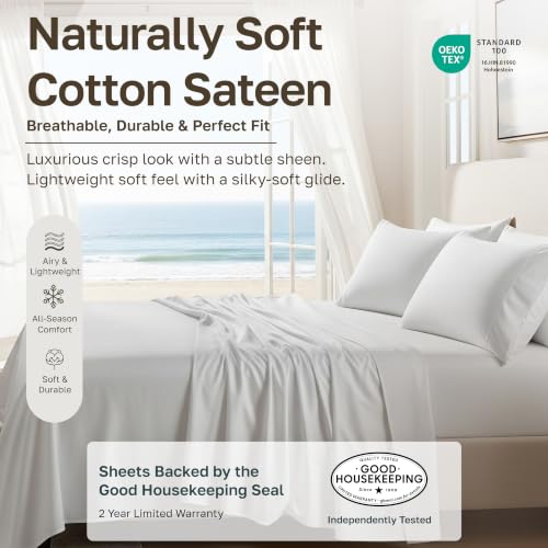Image of Soft Natural 100% Cotton Sateen Queen Sheets, 4 Pc Set, Misty Grey